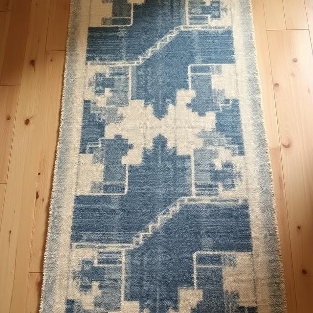 Natural jute rug with hand-printed indigo patterns