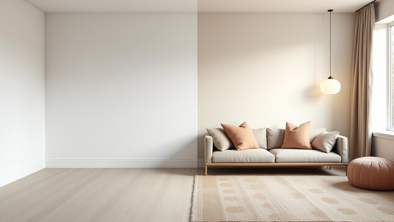 A before and after side-by-side of a rental room transformation using Loom & Leaf textiles